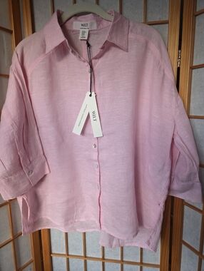 NWT WILT 100% PINK LINEN BUTTONS DOWN 3/4 SLEEVES RELAXED STYLE BLOUSE SIZE XS